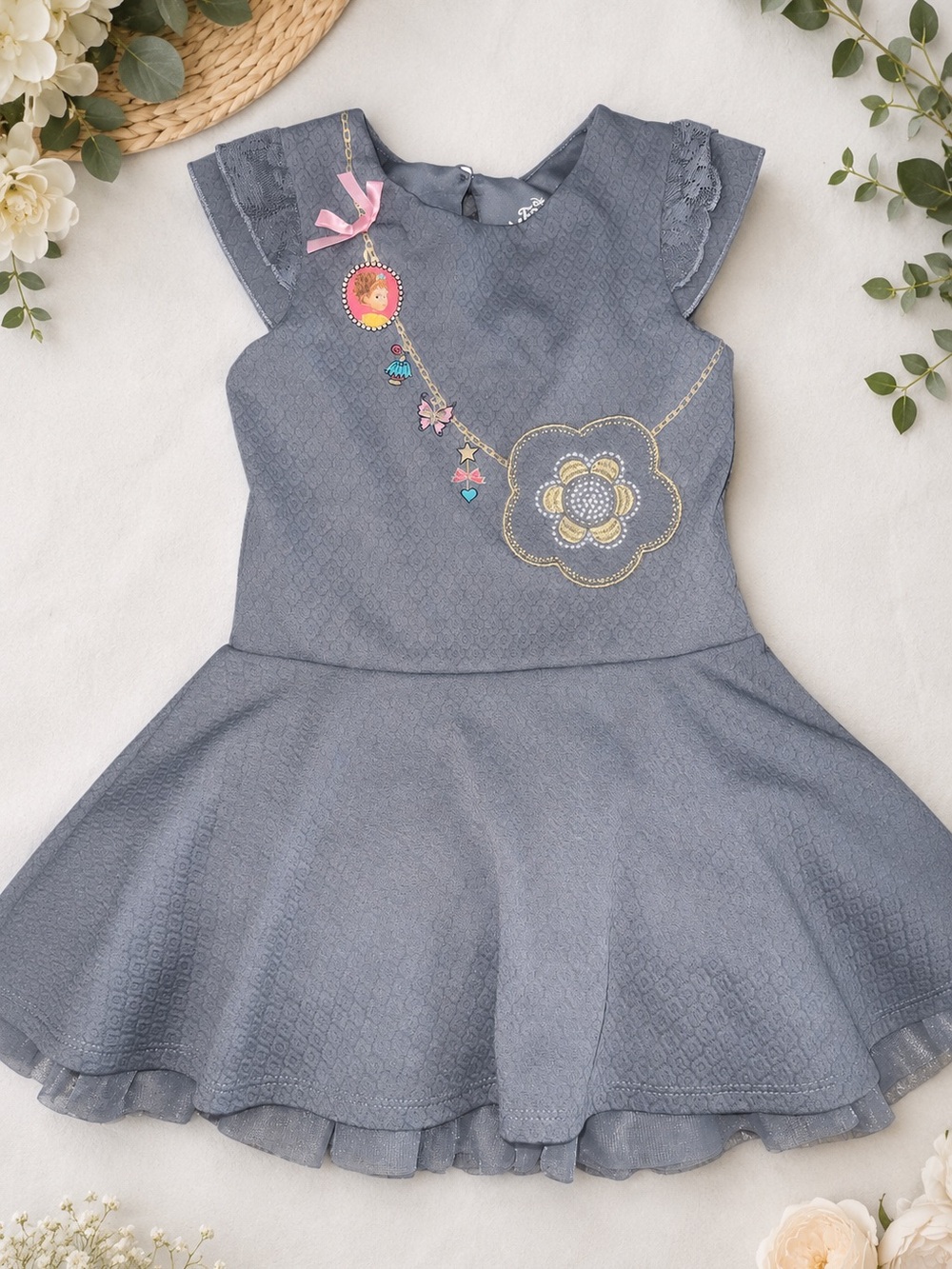 Girls Blue Floral Necklace-Print Skater Dress